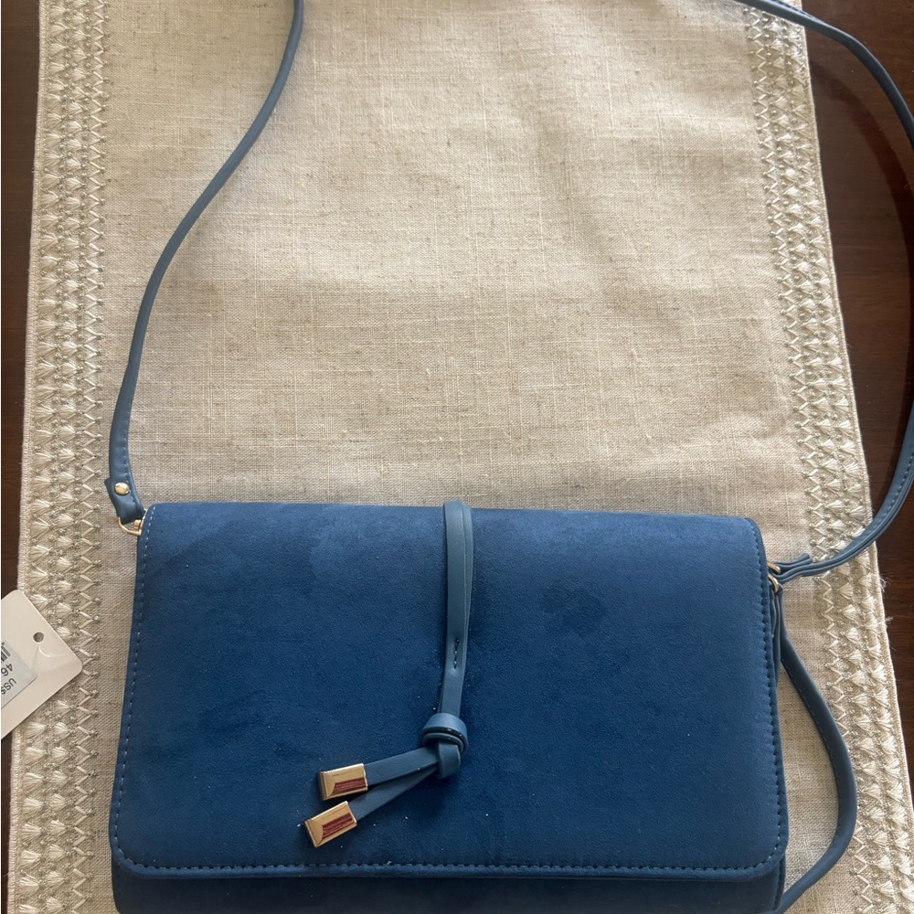 Blue Suede Crossbody Bag with Tassel Accent